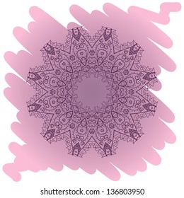 What is karma? Oriental mandala motif round lase pattern on the violet background, like snowflake or mehndi paint of deep pink color