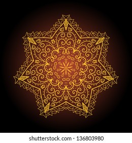 what is karma? Oriental mandala motif round lase pattern on the brown background, like snowflake or mehndi paint of orange color. Ethnic backgrounds concept