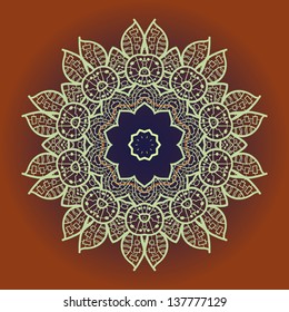 what is karma? Oriental mandala motif round lase pattern on the brown background, like snowflake or mehndi paint of orange color. Ethnic backgrounds concept