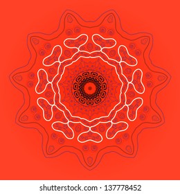 what is karma? Oriental mandala motif round lase pattern on the brown background, like snowflake or mehndi paint of orange color. Ethnic backgrounds concept