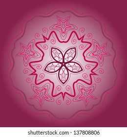 what is karma? Oriental mandala motif round lase pattern on the brown background, like snowflake or mehndi paint of orange color. Ethnic backgrounds concept