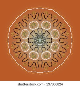 what is karma? Oriental mandala motif round lase pattern on the brown background, like snowflake or mehndi paint of orange color. Ethnic backgrounds concept