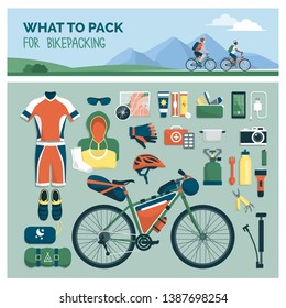 What to pack for bikepacking: sports and outdoor travel equipment gear for bikers, flat lay objects