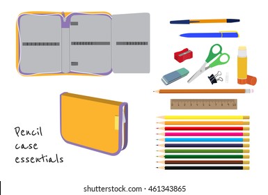 What is in pencil case flat vector. Set of pencil case supplies isolated on white background. Closed and opened pencil box with essentials - pen, pencils, glue and scissors. Vector illustration