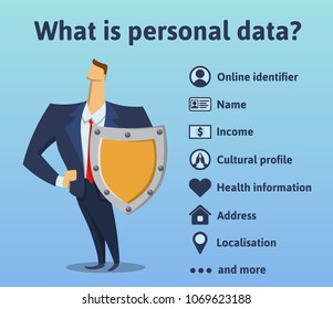 What Is Personal Data. What Information Is Under The Protection Of The Rules Of The GDPR. General Data Protection Regulation. The Man With The Shield. Vector Infographics Illustration.