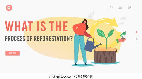 ¿Cuál es la plantilla de la página Proceso de desembarque de la reforestación? Refrescar y renovar el concepto, el riego de caracteres femenino con brote verde creciente y flecha de bucle de reciclaje. Ilustración del vector de dibujos animados