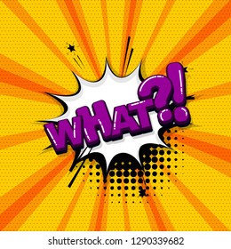 What question comic text sound effects pop art style. Vector speech bubble word and short phrase cartoon expression illustration. Comics book colored background template.