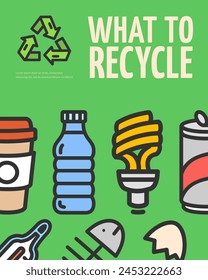 What to Recycle Concept Placard Poster Banner Card. Vector illustration of Disposable Cup, Bottle and Can