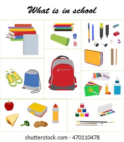 What is in school bag. School essentials flat vector set. School backpack, gym bag, lunch box, books, and supplies vector collection.