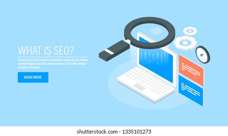 What is SEO, Isometric 3D concept of Search engine optimization, vector illustration banner with icons and texts