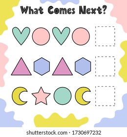 What shape comes next? Activity page for kids. Complete the pattern educational game. Logic for children. Vector illustration