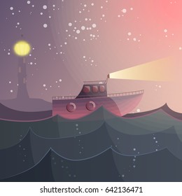 What a small boat did not dream of conquering an endless ocean. Vector illustration.