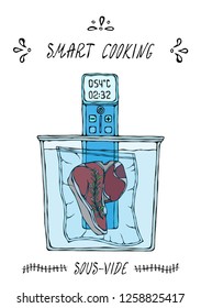 What is Sous-Vide. Slow Cooking Technology. Perfect Tender Juicy Meat Steak. Vacuumizer Food Sealer. Chief Cuisine Collection. EPS10 Vector. Hand Drawn Doodle Style Realistic Illustration.