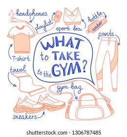 What to take to the gym. Vector handdrawing fitness essentials