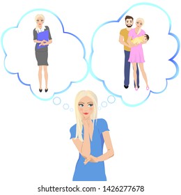 What to choose? Thinking woman. Family or career. Vector illustration