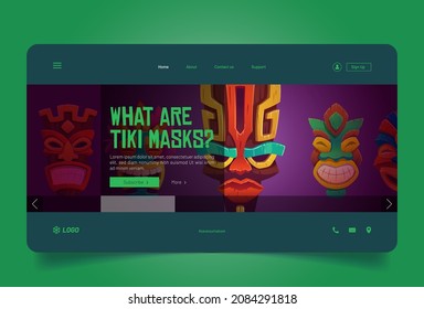 What are tiki masks cartoon landing page, tribal wooden totems, hawaiian, african or polynesian cultural attributes, scary faces with toothy mouth, decorated ancient wood disguise Vector web banner