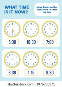 What time is it? Draw hands on the clock face. Time worksheet practice print page.