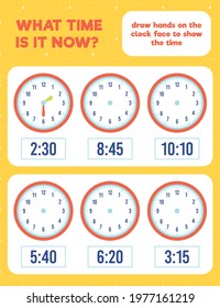 What time is it? Draw hands on the clock face. Time worksheet practice print page.