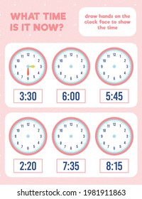 What time is it? Draw hands on the clock face. Time worksheet practice print page.