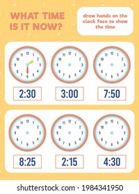 What time is it? Draw hands on the clock face. Time worksheet practice print page.