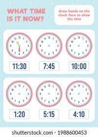 What time is it? Draw hands on the clock face. Time worksheet practice print page.