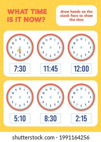 What time is it? Draw hands on the clock face. Time worksheet practice print page.