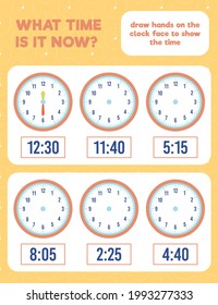 ¿A qué hora es? Dibuja las manos en la cara del reloj. Página de impresión de la práctica de la hoja de cálculo de tiempo.