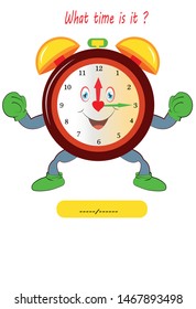 What time is it? Game for child. worksheet for preschool children, alarm clock

