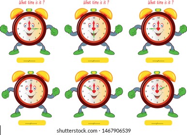 What time is it? Game for child. worksheet for preschool children, alarm clock, clock learning set for kids


