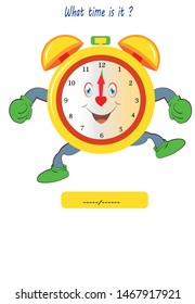 What time is it? Game for child. worksheet for preschool children, alarm clock

