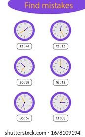 What time is it, find mistakes. game with clocks for children, fun education for kids, educational task for the development of logical thinking, preschool worksheet activity, vector illustration