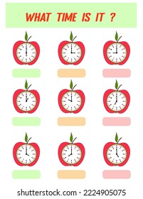 What time is it. Learning time on the clock. Educational activity worksheet for kids and toddlers. Preschool game. Puzzle with clock .   Education Game for Children. 