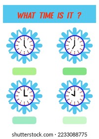 Qué hora es. Tiempo de aprendizaje las 24 horas. Hoja de trabajo de actividades educativas para niños y niños pequeños. Juego de preescolar. Rompecabezas con reloj.   Juego de educación para niños