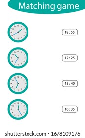 ¿Qué hora es, combinar juegos con relojes para los niños, divertir la actividad educativa para los niños, tareas educativas para el desarrollo del pensamiento lógico, actividad de la hoja de cálculo preescolar, ilustración vectorial
