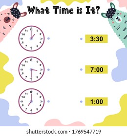 What time is it worksheet for kids. Telling time practice. Educational activity game template. Vector illustration