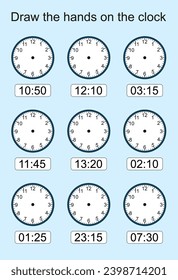 What time is it? worksheets with illustrations of clocks, hands, and numbers. Learning activities