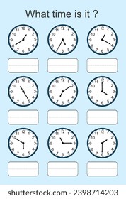 What time is it? worksheets with illustrations of clocks, hands, and numbers. Learning activities