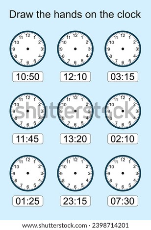 What time is it? worksheets with illustrations of clocks, hands, and numbers. Learning activities