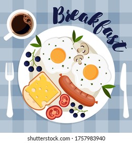 What a typical breakfast plate looks like. English breakfast: tasty bacon, fried eggs with green parsley on white plate. Top view on a tablecloth background