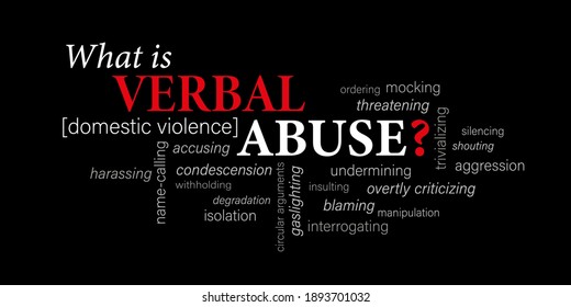 WHAT IS VERBAL ABUSE? [DOMESTIC VIOLENCE] white and red word cloud on black background