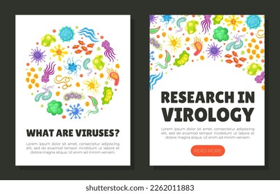 Was sind Viren Mobile App und Karten Template Set. Forschung im Bereich virologischer Web-Banner, Karte, Flyer, Einladungskarikatur, Vektorgrafik