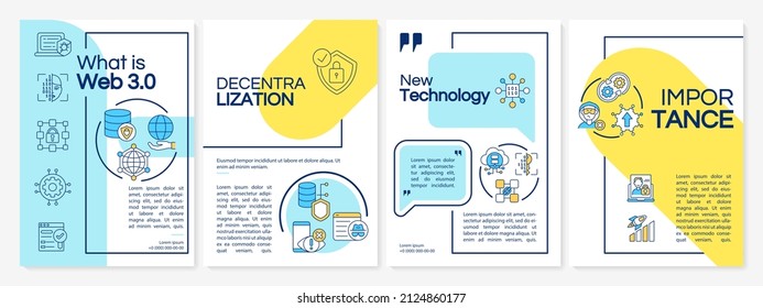 What is Web 3 0 blue and yellow brochure template. Low code. Booklet print design with linear icons. Vector layouts for presentation, annual reports, ads. Questrial-Regular, Lato-Regular fonts used