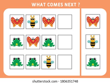 What will happen next with cute animals. Vector illustration of a butterfly, bee and frog. Educational logic game for children. Continue the sequence. Activity page for preschoolers.