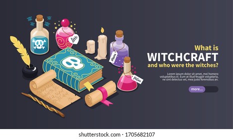 What is witchcraft horizontal banner with ancient manuscripts and glass bottles for magical potion isometric vector illustration