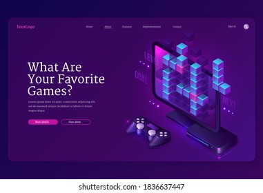 What you favorite games banner. Video and online games development, digital gadgets for players. Vector landing page with isometric computer monitor, console and joystick