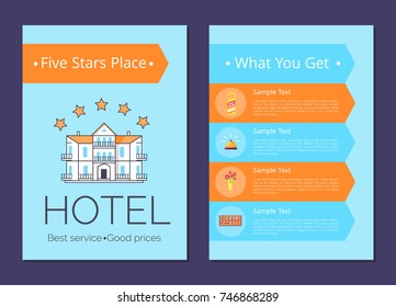 What you get in five stars place internet page with door tag, gold bell, flowers in vase, shelves with keys and luxury building vector illustrations.