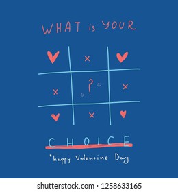 What is your choice greeting card with cute cartoon hearts. Love poster concept. Kissing character