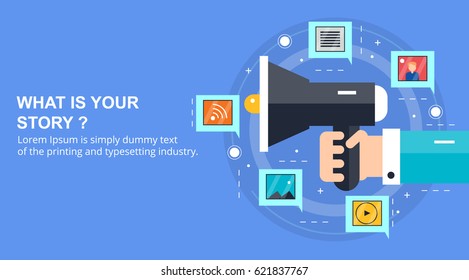 What is your story, visual storytelling, infographic concept flat vector banner with icons