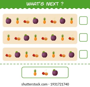 What's comes next educational game of cartoon fruits. Find the regularity and continue the row task. Educational game for pre shool years kids and toddlers