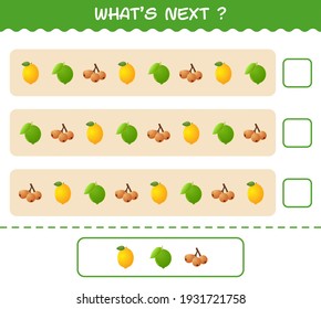 What's comes next educational game of cartoon fruits. Find the regularity and continue the row task. Educational game for pre shool years kids and toddlers